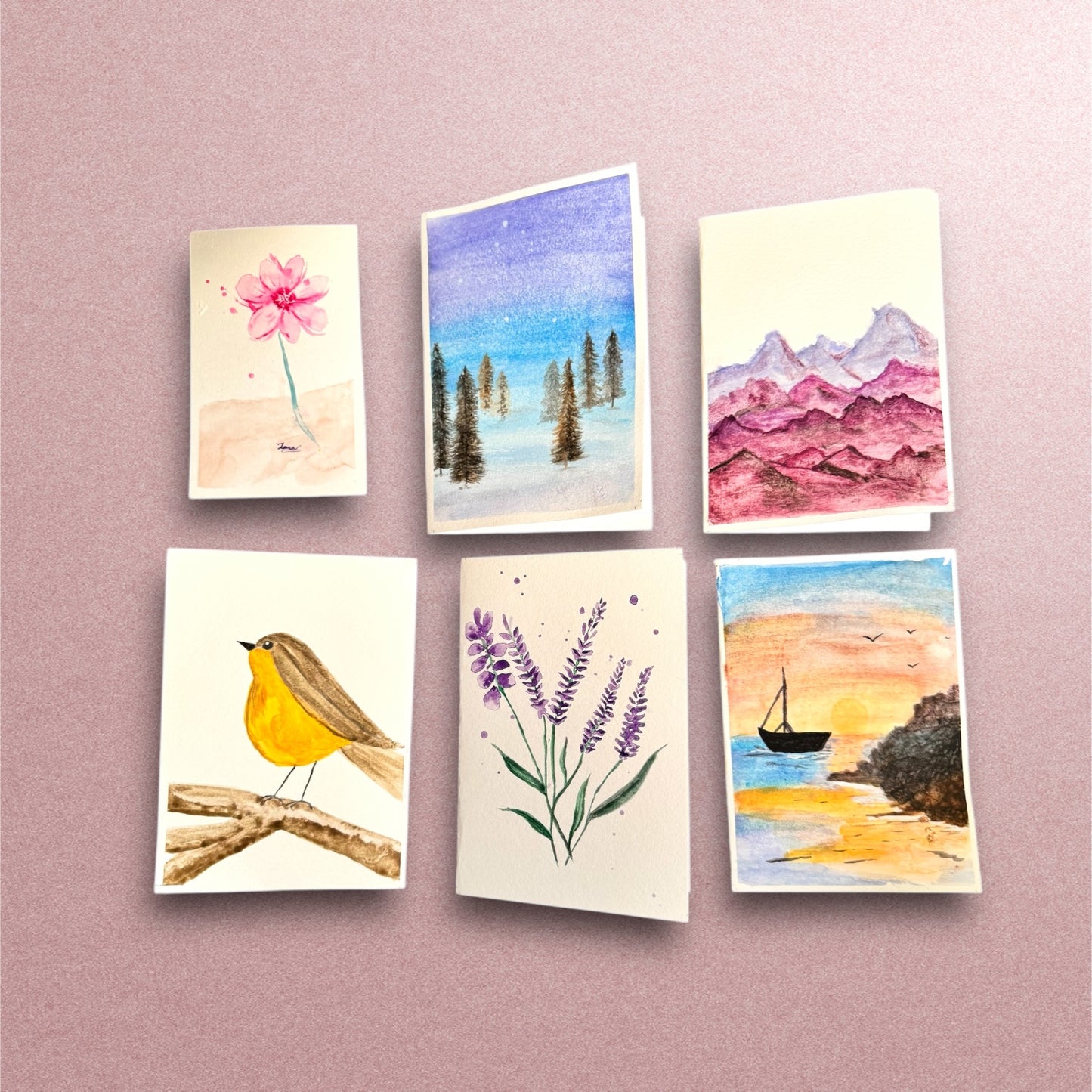 Set of 5 Watercolor Miniature Art on Greeting Cards - Hand Painted by Zoee