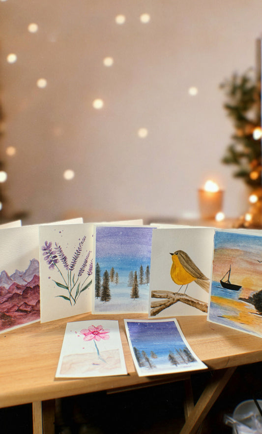 Set of 5 Watercolor Miniature Art on Greeting Cards - Hand Painted by Zoee