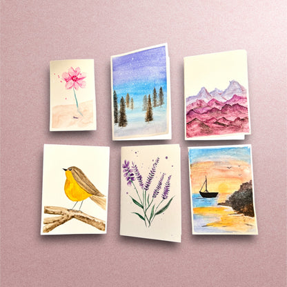 Set of 5 Watercolor Miniature Art on Greeting Cards - Hand Painted by Zoee